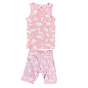 Tea Collection Pink Woodland Animal Print Tank Top Shorts Pajama Set Kids Size 6